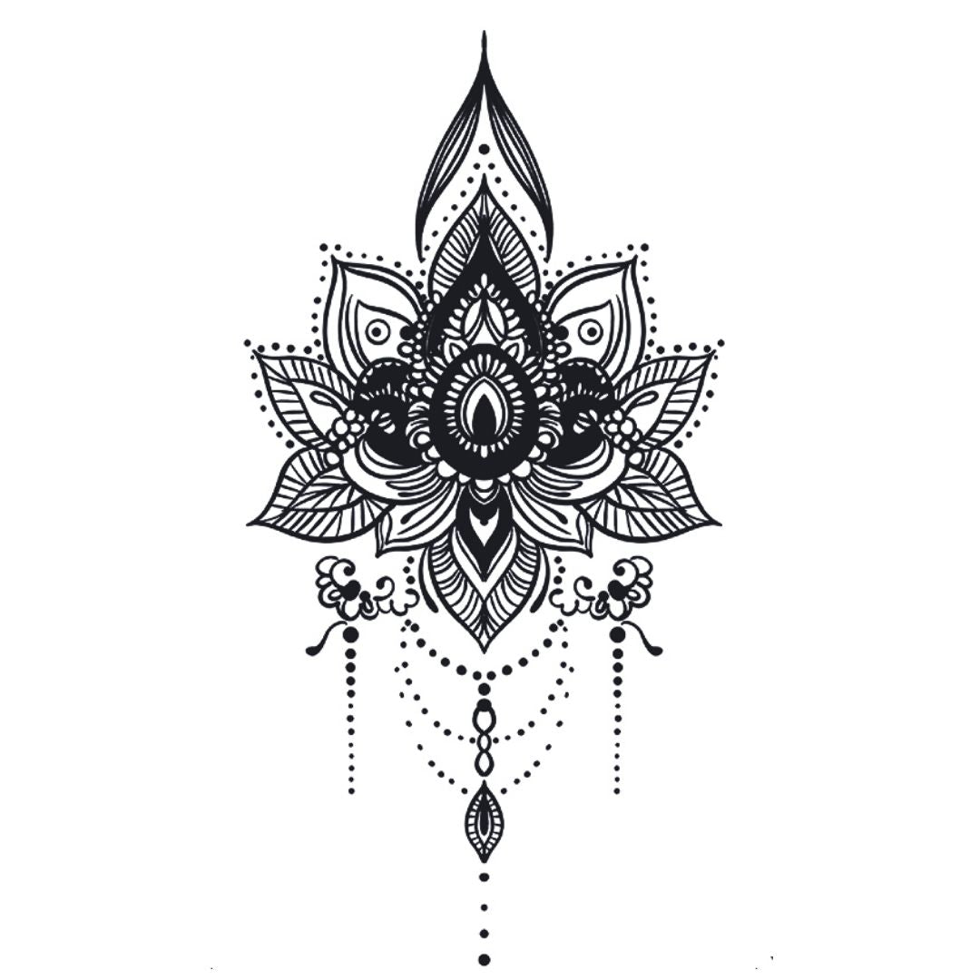 Ornamental lotus mandala chandelier temporary tattoo with dotwork and hanging teardrop pendant on white background.