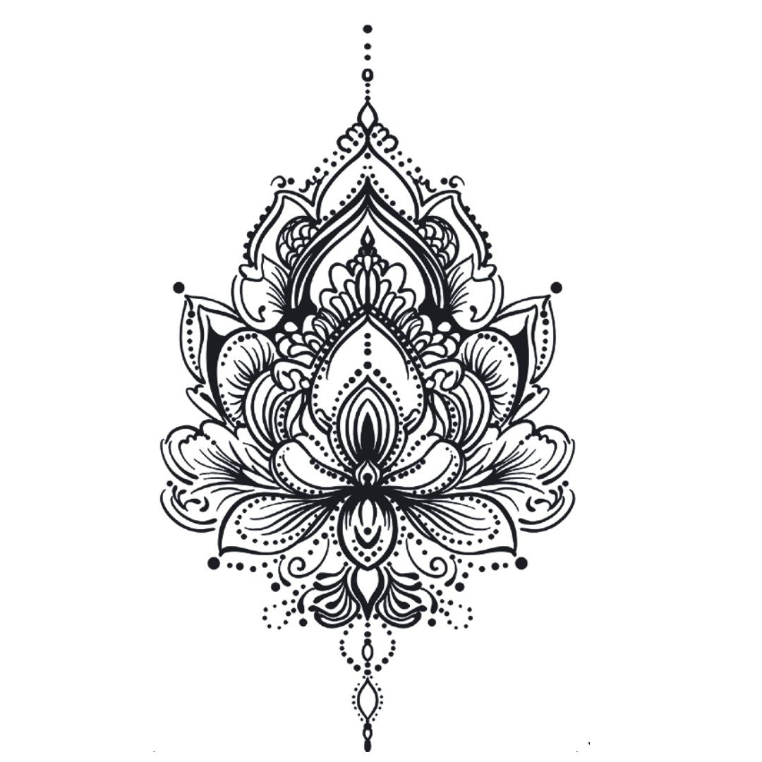 Ornamental mandala lotus temporary tattoo with layered petals, teardrop motifs and dotwork detailing on white background.