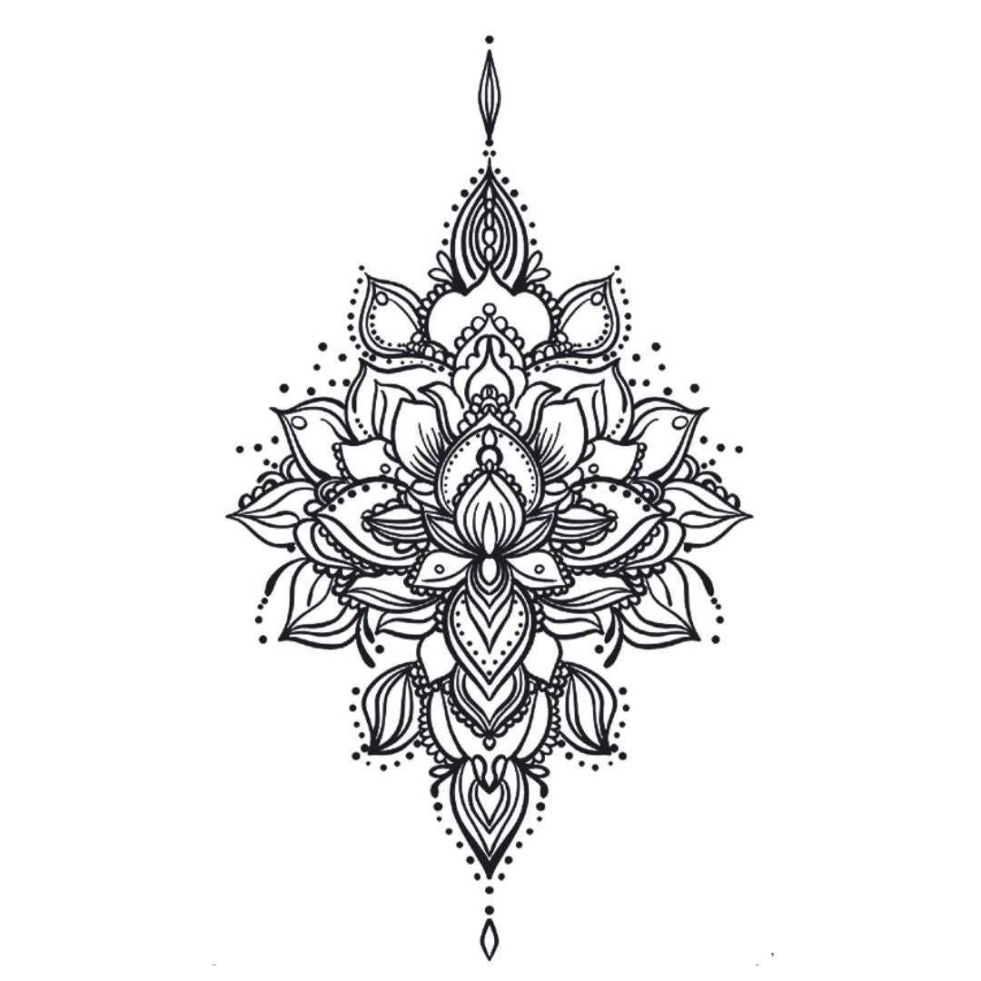 Vertical lotus mandala ornamental temporary tattoo with dotwork accents and diamond finials, fine linework on white background.