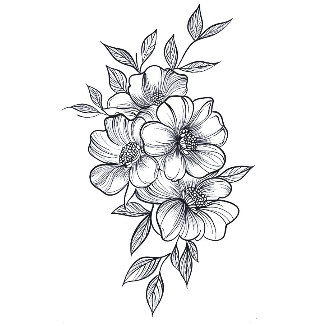 Linework floral bouquet temporary tattoo with three open peony blooms and leaves on white background, fine single-weight lines.