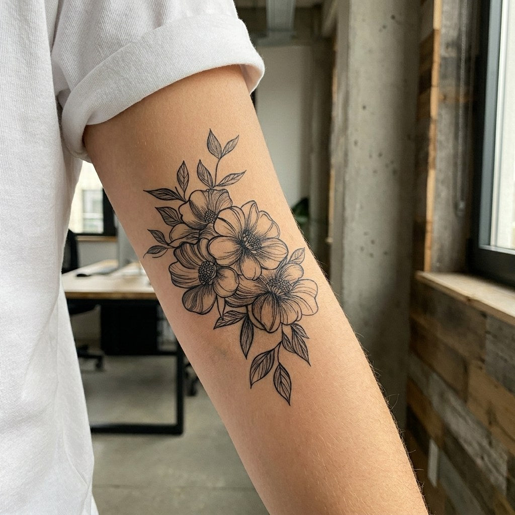 Linework floral bouquet temporary tattoo with three open peony blooms and leaves on white background, fine single-weight lines.