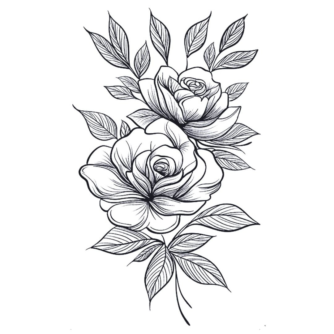 Double rose bouquet fineline temporary tattoo with leaves on white background, detailed linework, no fill.