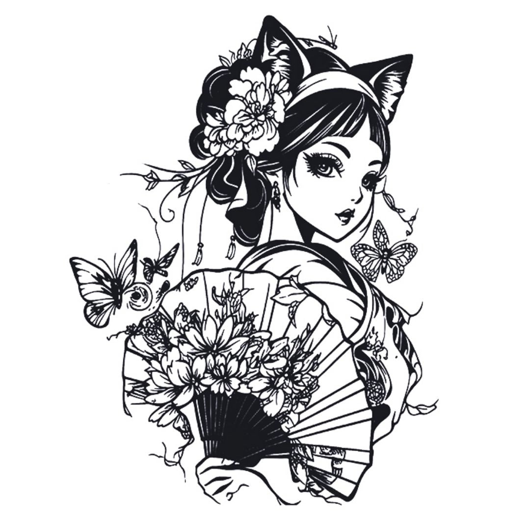 Japanese nekomimi cat girl in kimono temporary tattoo holding a peony fan with butterflies, detailed linework on white background.