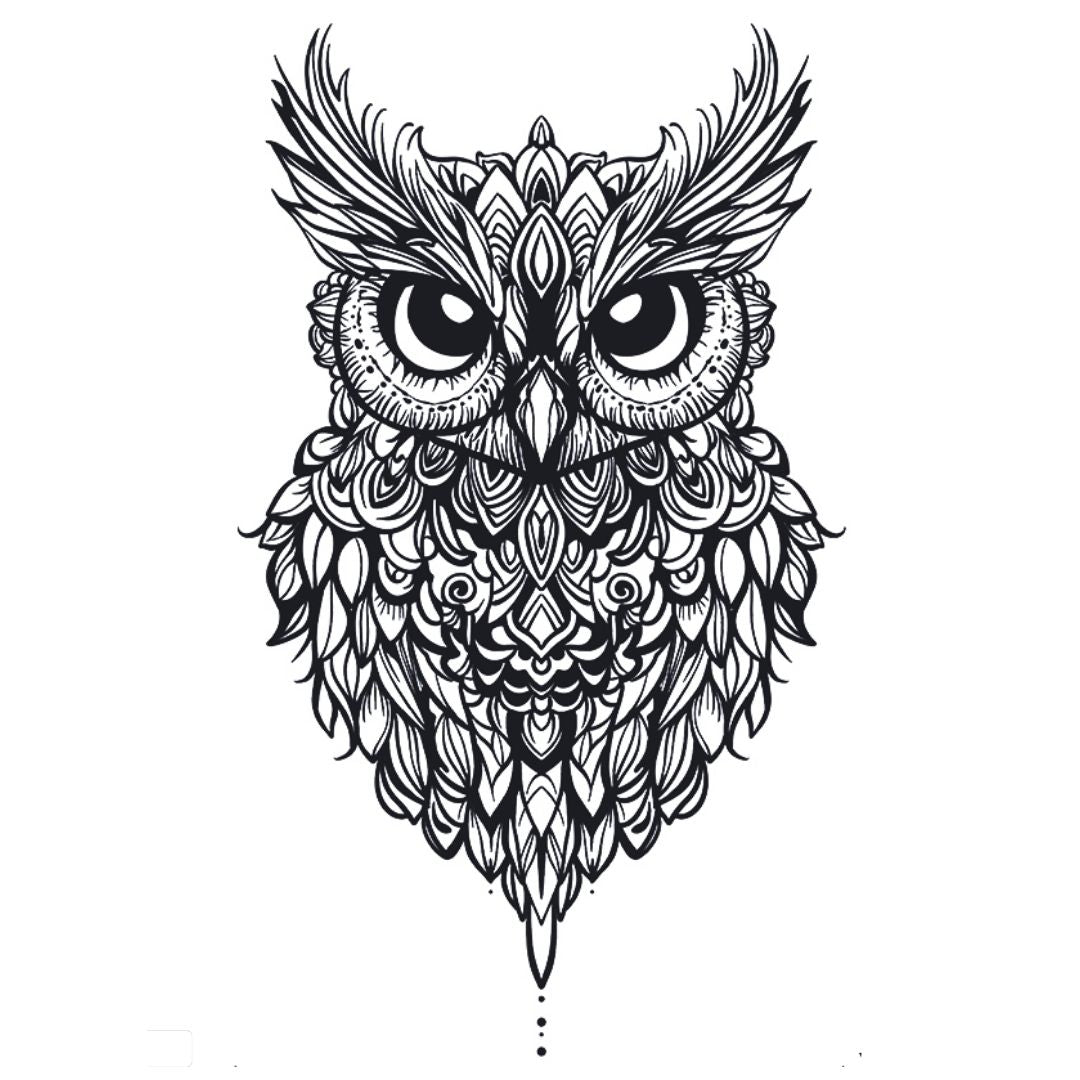 Ornate illustrative owl head temporary tattoo with mandala-style feather detailing, bold linework on white background.