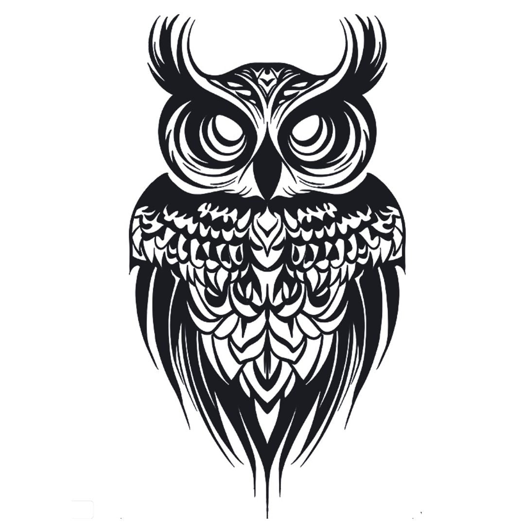 Bold blackwork owl temporary tattoo with detailed feather plumage and intense forward gaze, on white background.