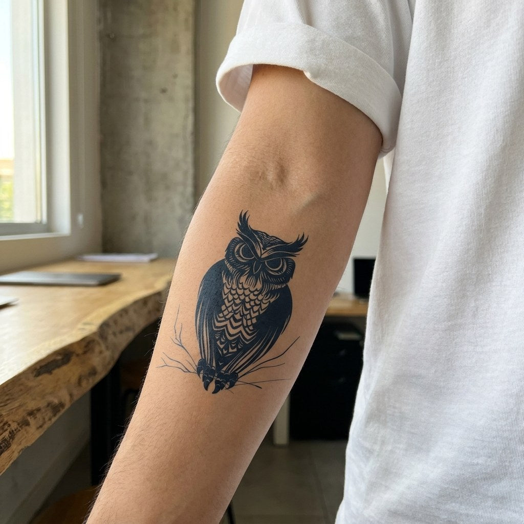 Bold blackwork owl temporary tattoo perched on a bare branch, detailed feather linework, front-facing on white background.