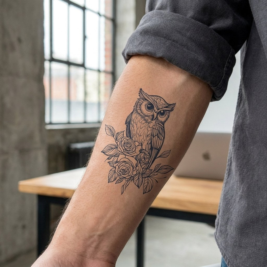Detailed linework owl perched on rose branch temporary tattoo with two roses and leaves on white background.