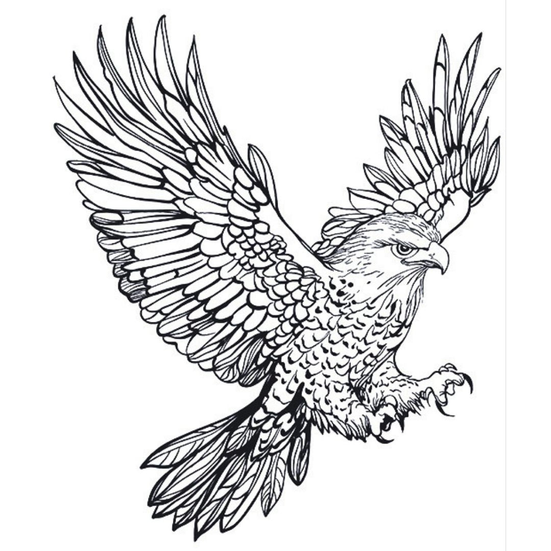 Detailed linework soaring eagle temporary tattoo with wings spread and talons extended, fine black lines on white background.