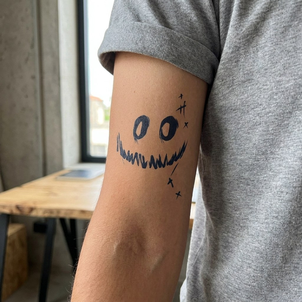 Evil grinning face temporary tattoo with hollow oval eyes and jagged teeth, sketchy brushstroke style on white background.