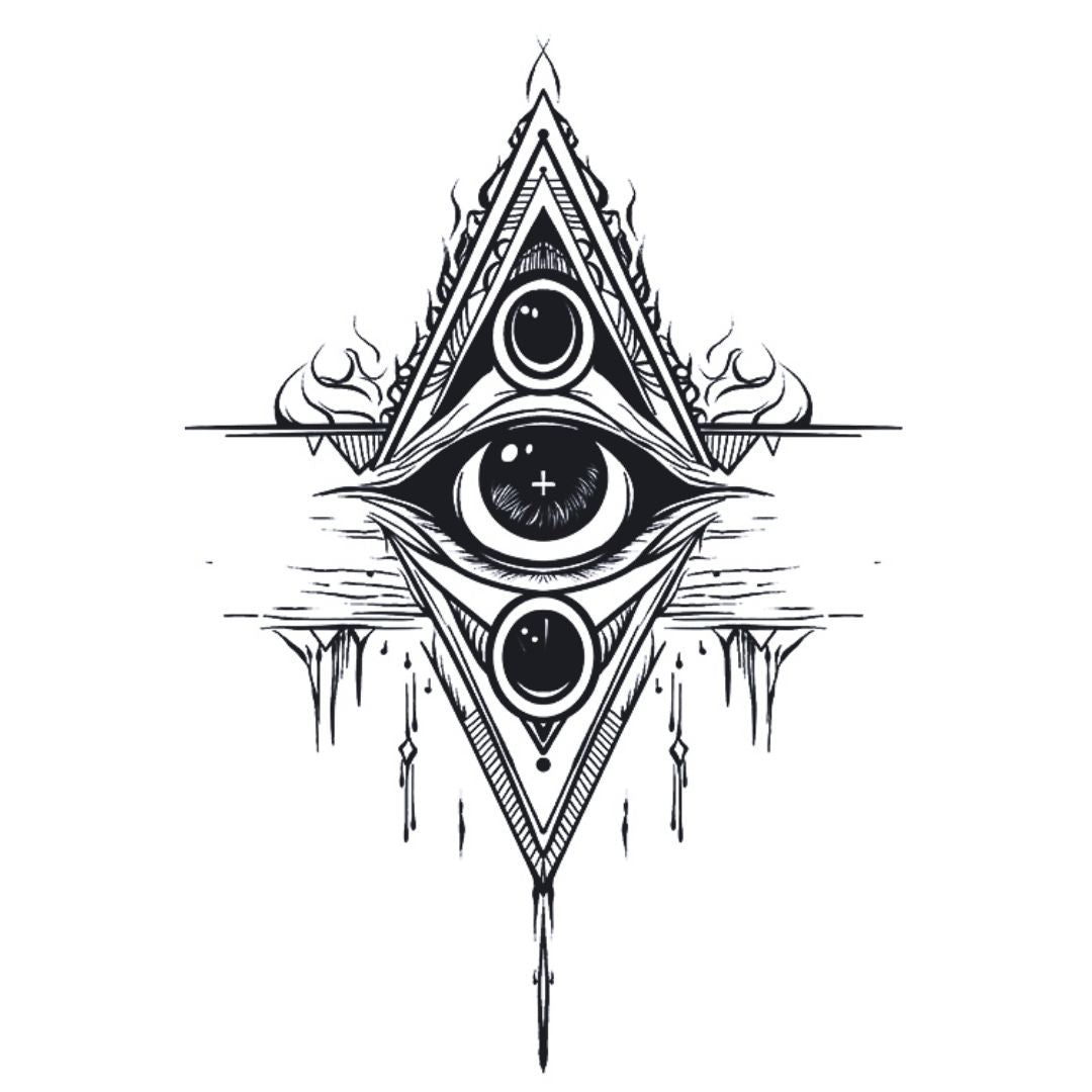 All-seeing eye inside double triangle temporary tattoo with crescent moon, flames and hanging drops, detailed illustrative style on white background.