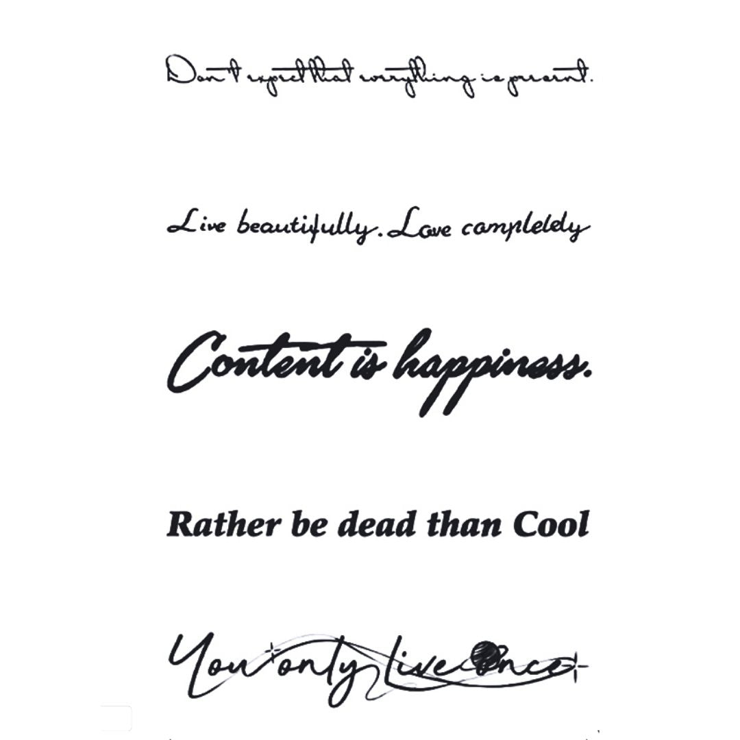 Five inspirational quote temporary tattoos in mixed cursive and script styles on white background, including 'Content is happiness' and 'You only live once'.