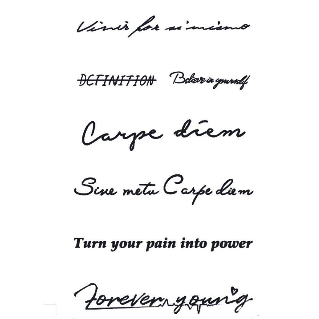 Motivational quote pack temporary tattoo with six phrases in mixed cursive and print script styles on white background.