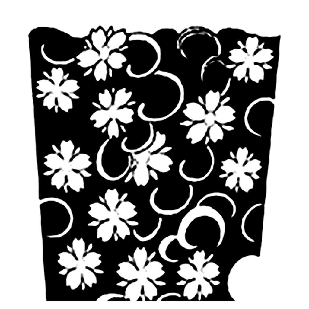 Japanese blackwork cherry blossom temporary tattoo with wave swirls, white flowers on solid black fill, large format on white background.