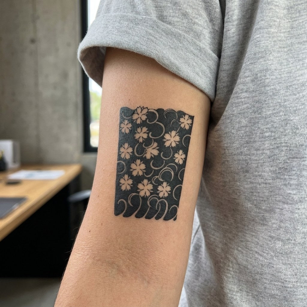 Japanese blackwork cherry blossom temporary tattoo with wave swirls, white flowers on solid black fill, large format on white background.