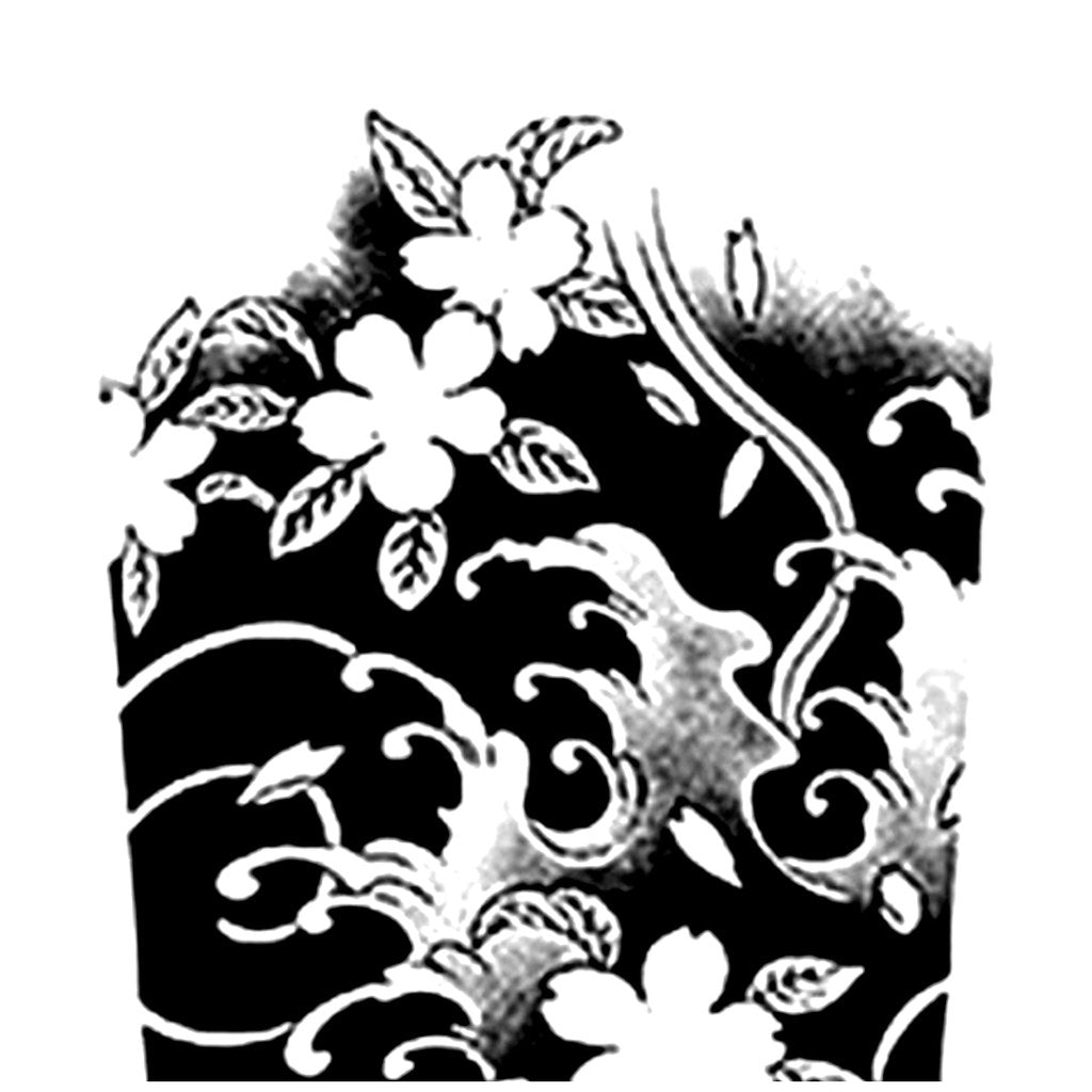 Japanese cherry blossom panel temporary tattoo, blackwork style with white blooms and scrolling vines on solid black background.
