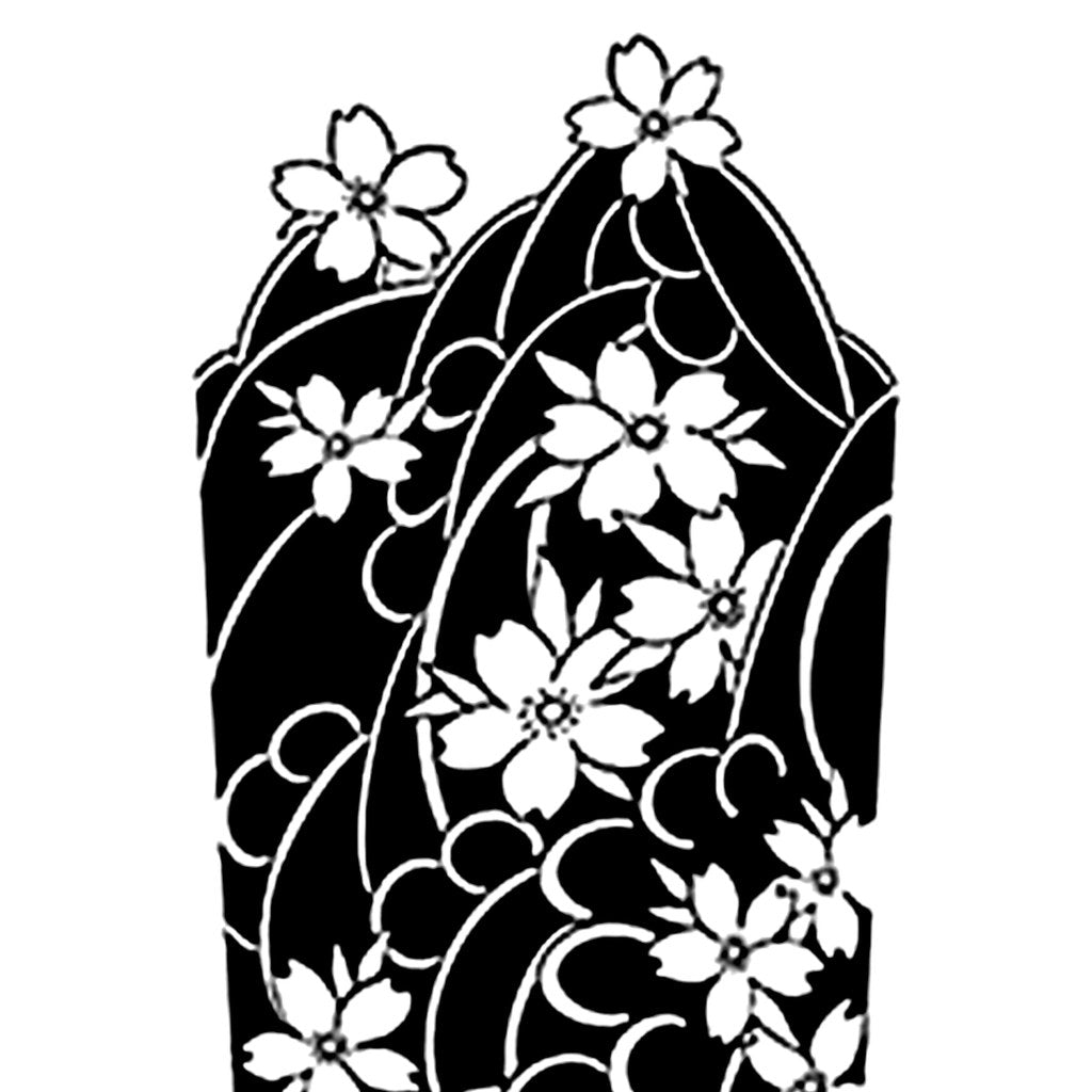 Japanese blackwork cherry blossom wave temporary tattoo, white sakura flowers over bold solid black wave forms on white background.