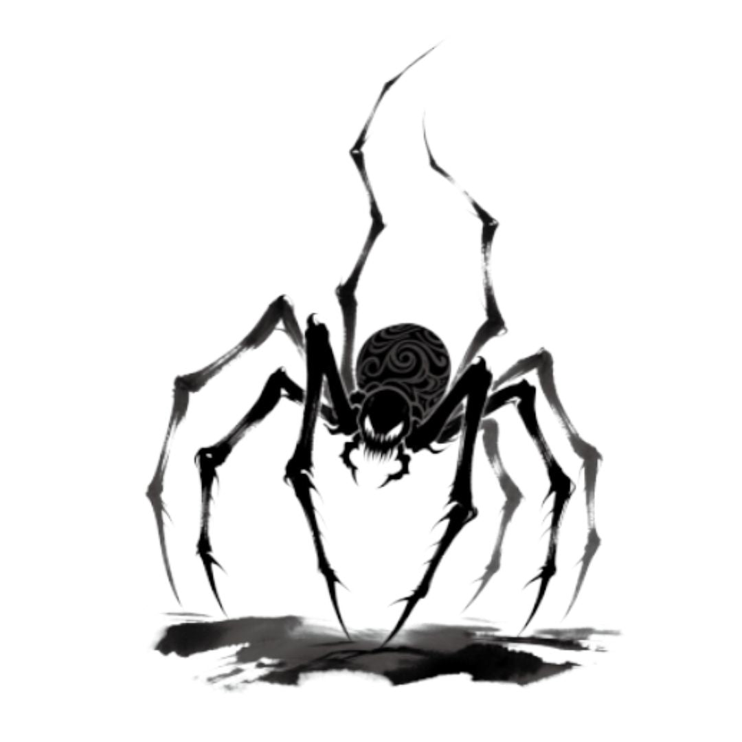 Dark gothic spider creature temporary tattoo with ink-wash brushwork, spiral-patterned abdomen and fanged face on white background.