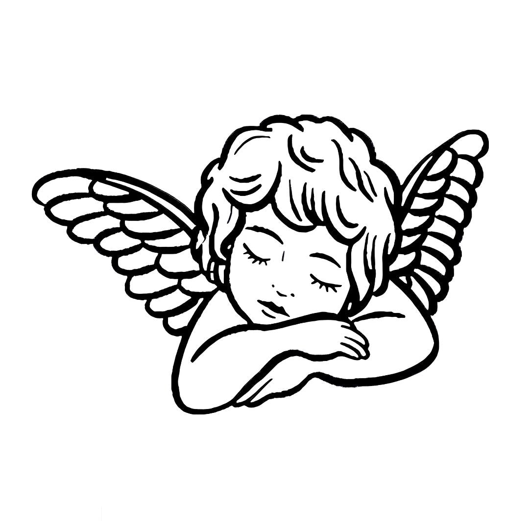 Sleeping cherub angel temporary tattoo in neo-traditional linework on white background, wings folded, cheek resting on hand.