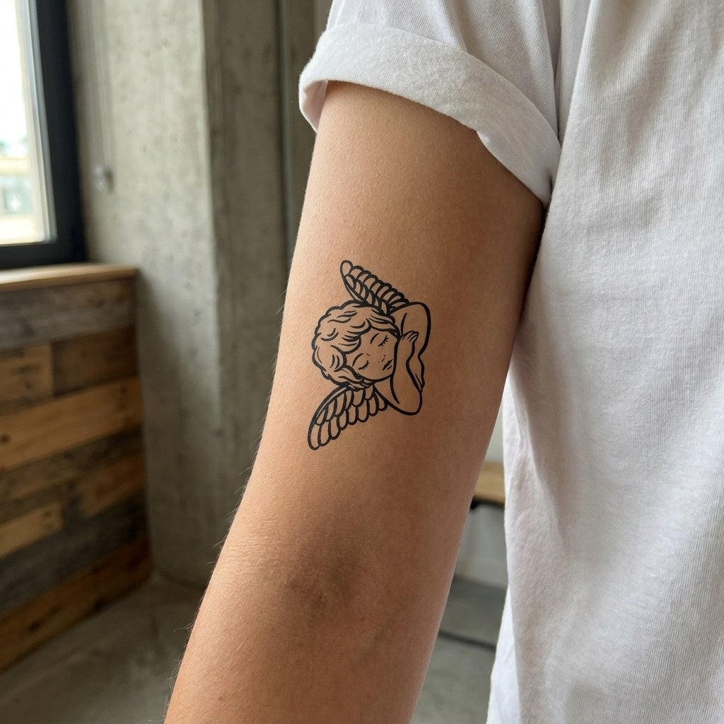 Sleeping cherub angel temporary tattoo in neo-traditional linework on white background, wings folded, cheek resting on hand.