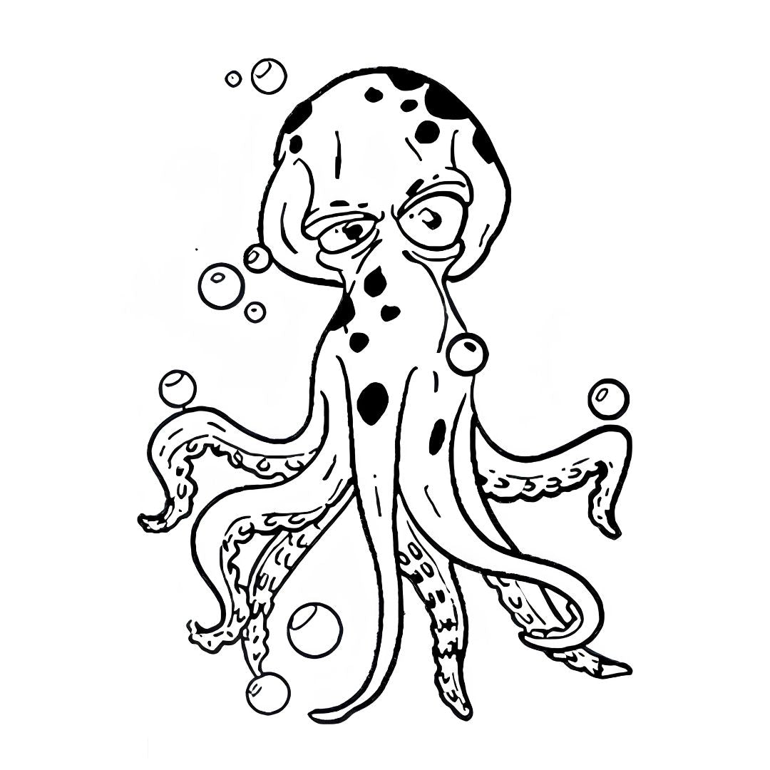 Cartoon octopus temporary tattoo with spotted mantle and curling tentacles, bubbles floating around, linework style on white background.