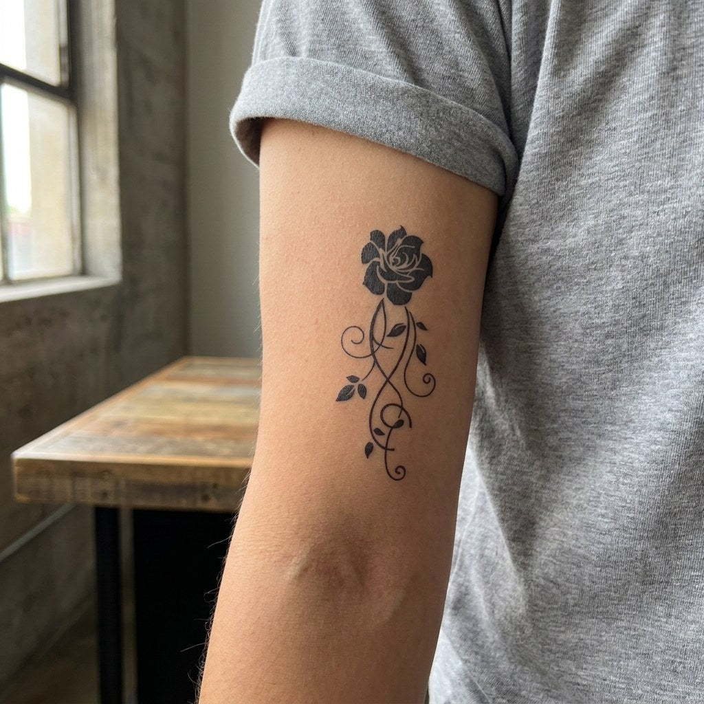 Tribal blackwork flame and rose vine temporary tattoo set on white background, bold spikes and curling stem with bloom.