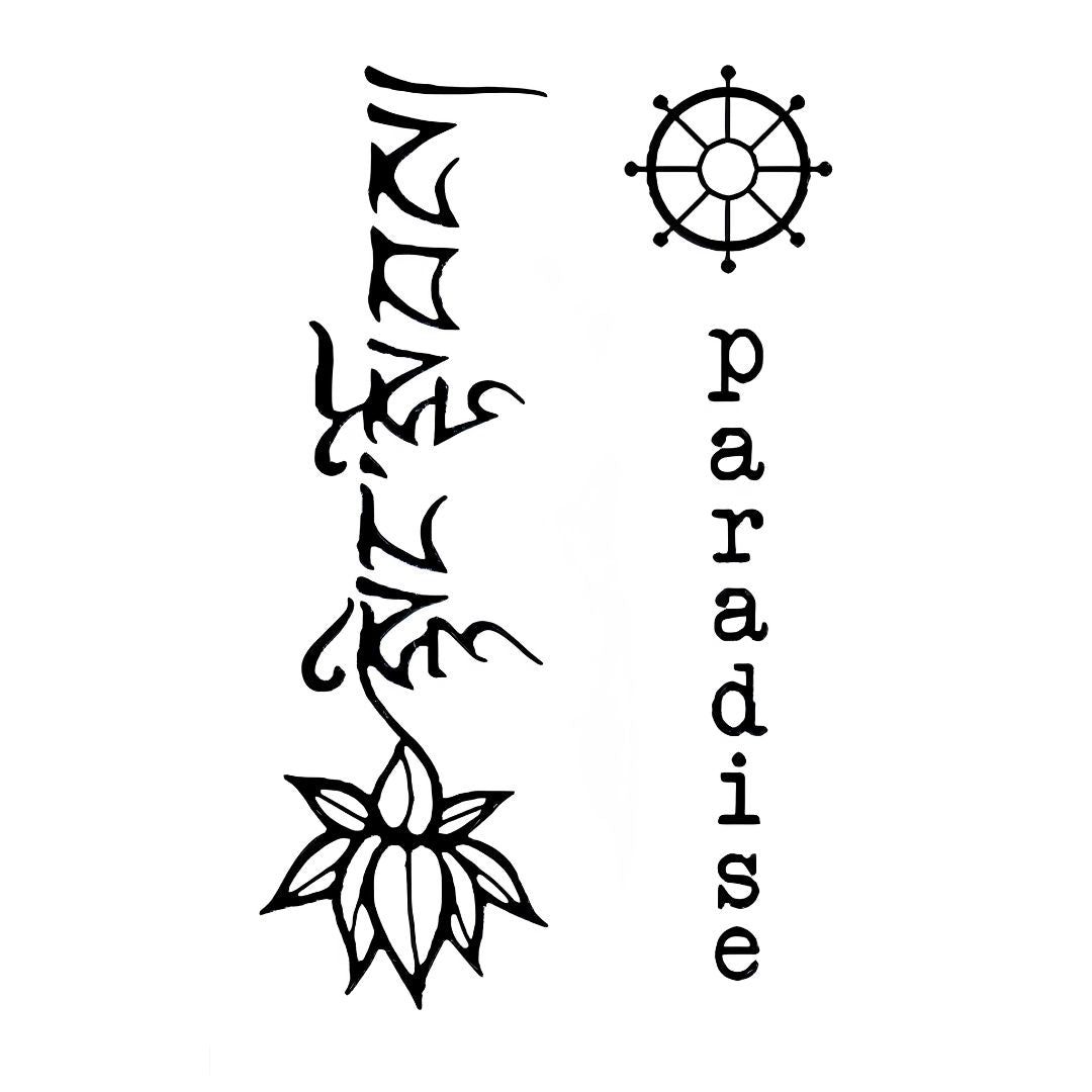 Lotus flower, Sanskrit script and dharma wheel vertical temporary tattoo with upside-down lettering, linework on white background.