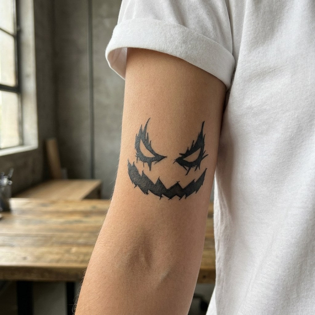 Evil pumpkin face temporary tattoo with jagged eyes and serrated grin, bold solid blackwork on white background.