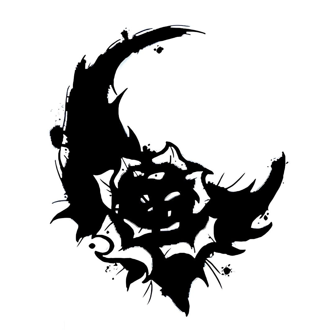 Dark crescent moon and rose blackwork temporary tattoo with ink splatter and thorns on white background.