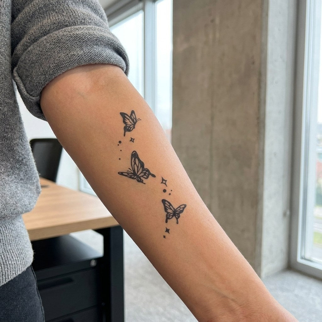 Three butterflies in diagonal trail temporary tattoo with sparkle stars, black linework on white background.