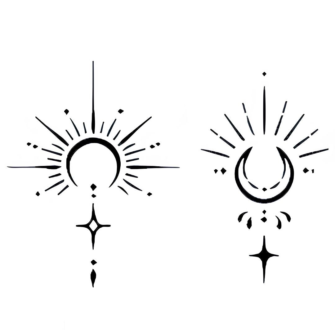 Sun and crescent moon celestial duo temporary tattoo with starburst rays and four-pointed stars, fine linework on white background.