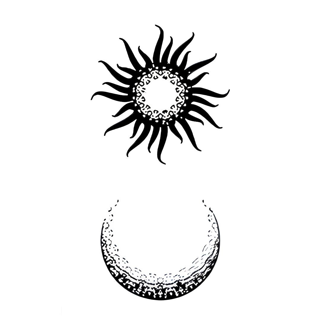 Tribal sun with dotwork mandala centre and stippled crescent moon temporary tattoo, black on white background.