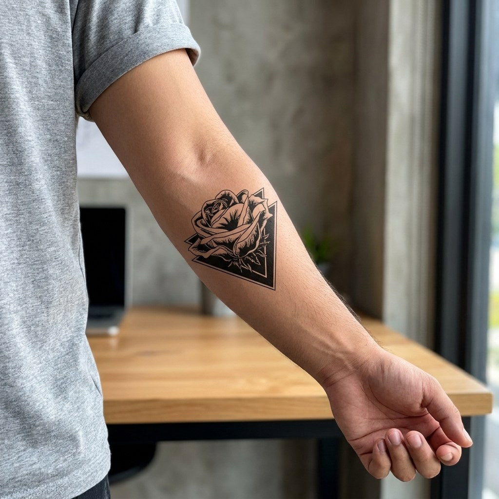 Geometric rose and inverted triangle temporary tattoo, bold blackwork illustrative style with detailed petals on white background.