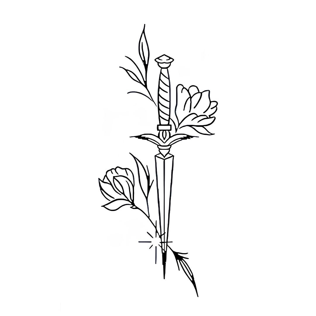 Linework floral dagger temporary tattoo with carnation and rose bud on white background, single-weight black lines.