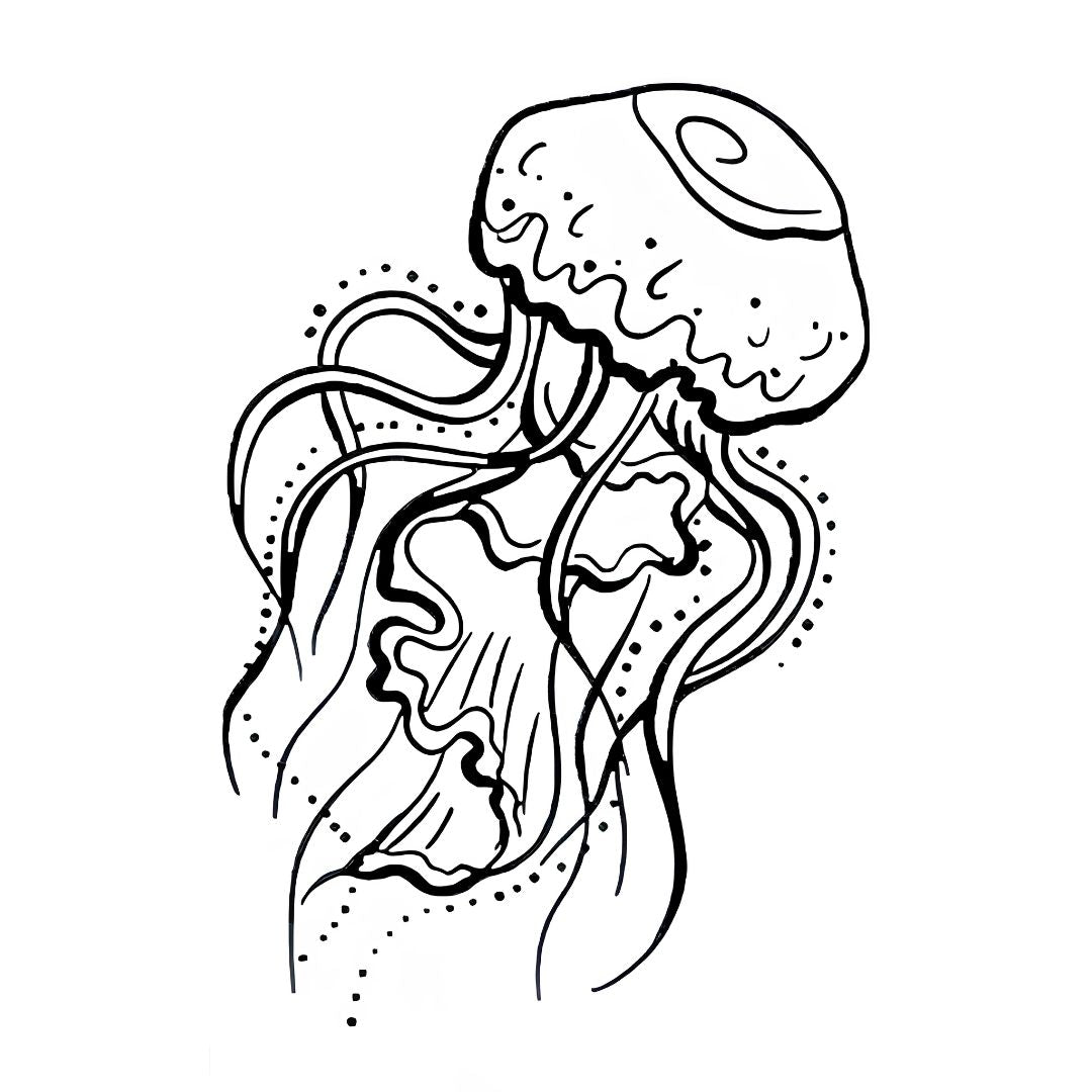 Linework jellyfish temporary tattoo with flowing tentacles and dot clusters on white background, open line style.