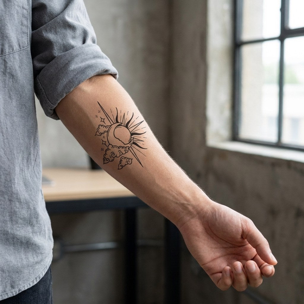 Sun and crescent moon fusion temporary tattoo with Japanese-style clouds and star bursts, linework on white background.