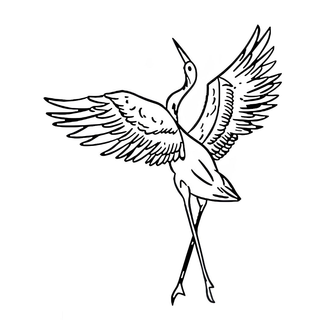 Japanese-style dancing crane temporary tattoo with wings fully spread, detailed linework on white background.
