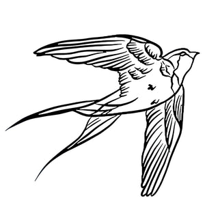Classic swallow in flight temporary tattoo with detailed linework and forked tail, traditional style on white background.