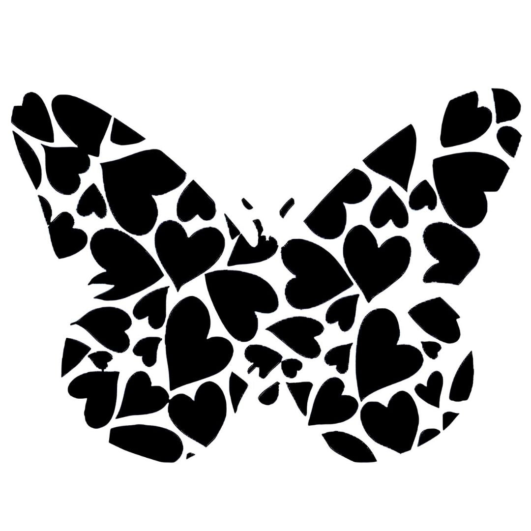 Blackwork butterfly temporary tattoo composed entirely of solid black hearts in various sizes, on white background.