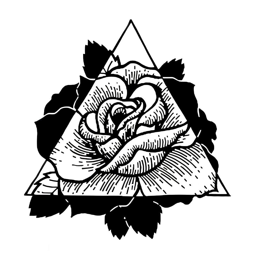 Geometric rose inside a triangle temporary tattoo with bold blackwork leaves, detailed linework on white background.