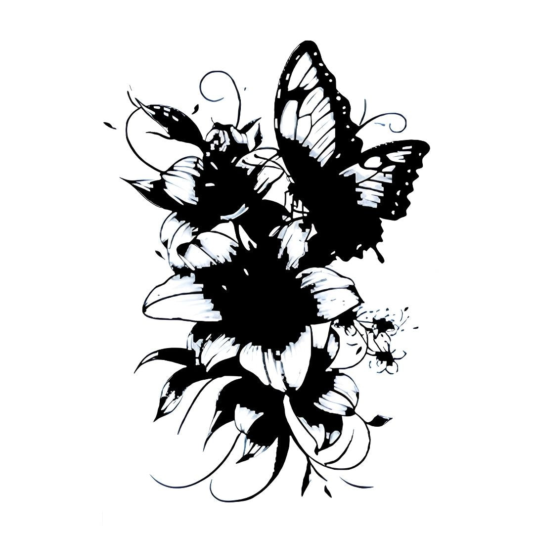 Bold blackwork butterfly perched on a sunflower temporary tattoo, detailed wings and curling vines on white background.