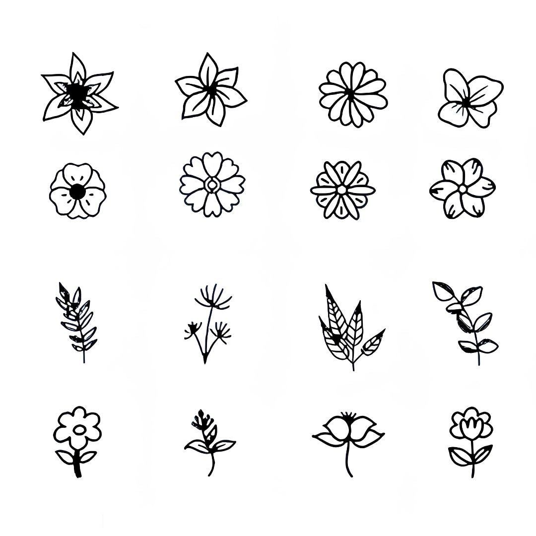 Sheet of 16 tiny botanical flower and leaf sprig temporary tattoos in simple black linework on white background.