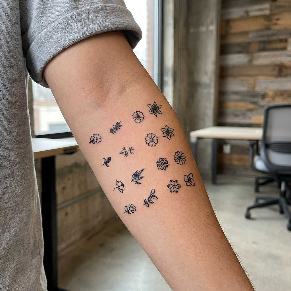 Sheet of 16 tiny botanical flower and leaf sprig temporary tattoos in simple black linework on white background.
