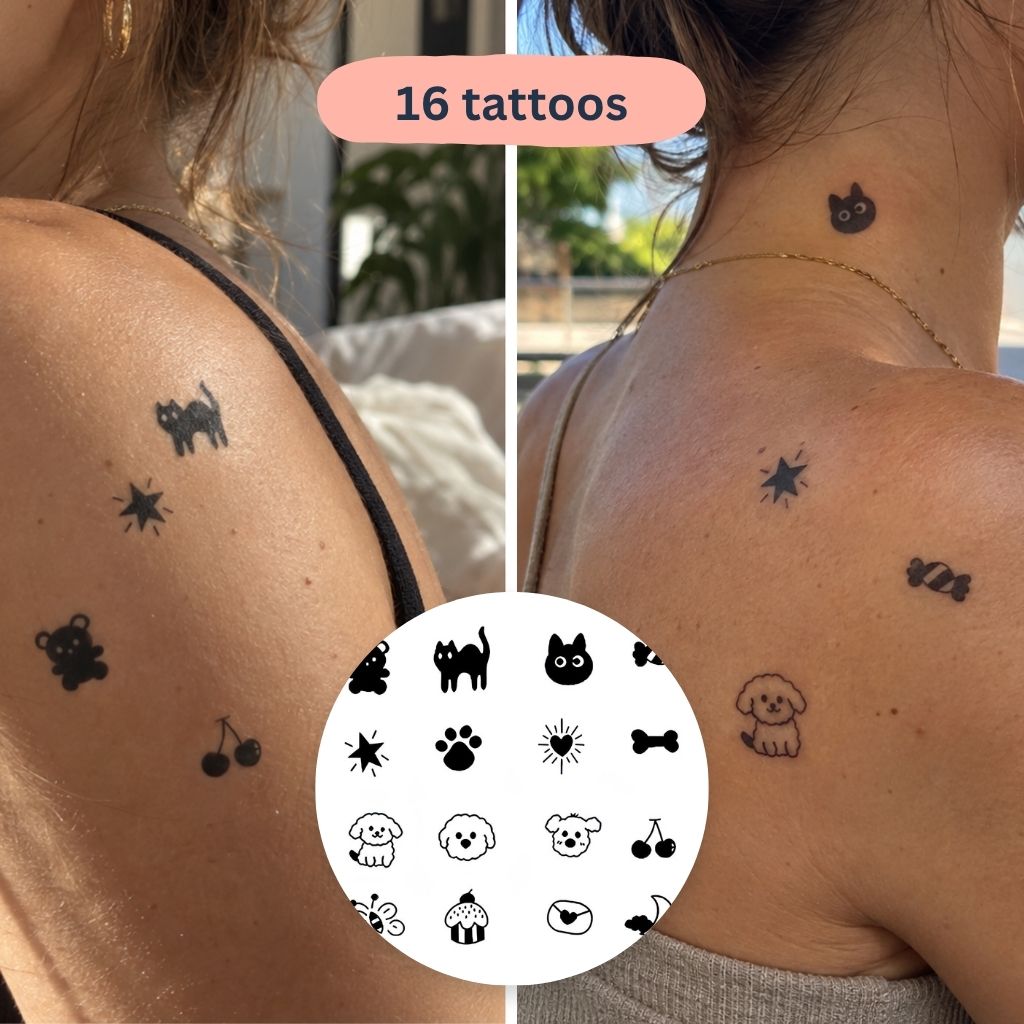 Foglio di tatuaggi animali e dolcetti — 16 disegni | Temporalis