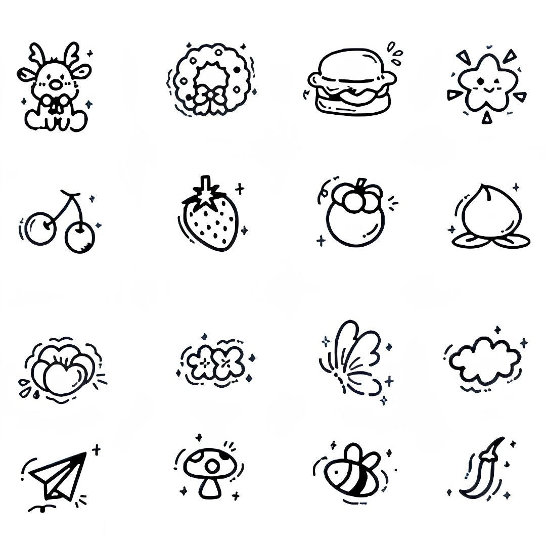 Sheet of 16 kawaii doodle icon temporary tattoos including bunny, burger, cherries, bee and butterfly, linework on white background.