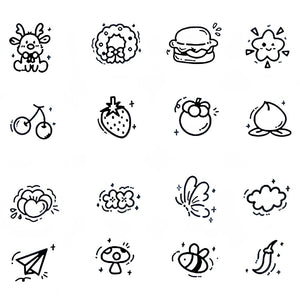 Sheet of 16 kawaii doodle icon temporary tattoos including bunny, burger, cherries, bee and butterfly, linework on white background.