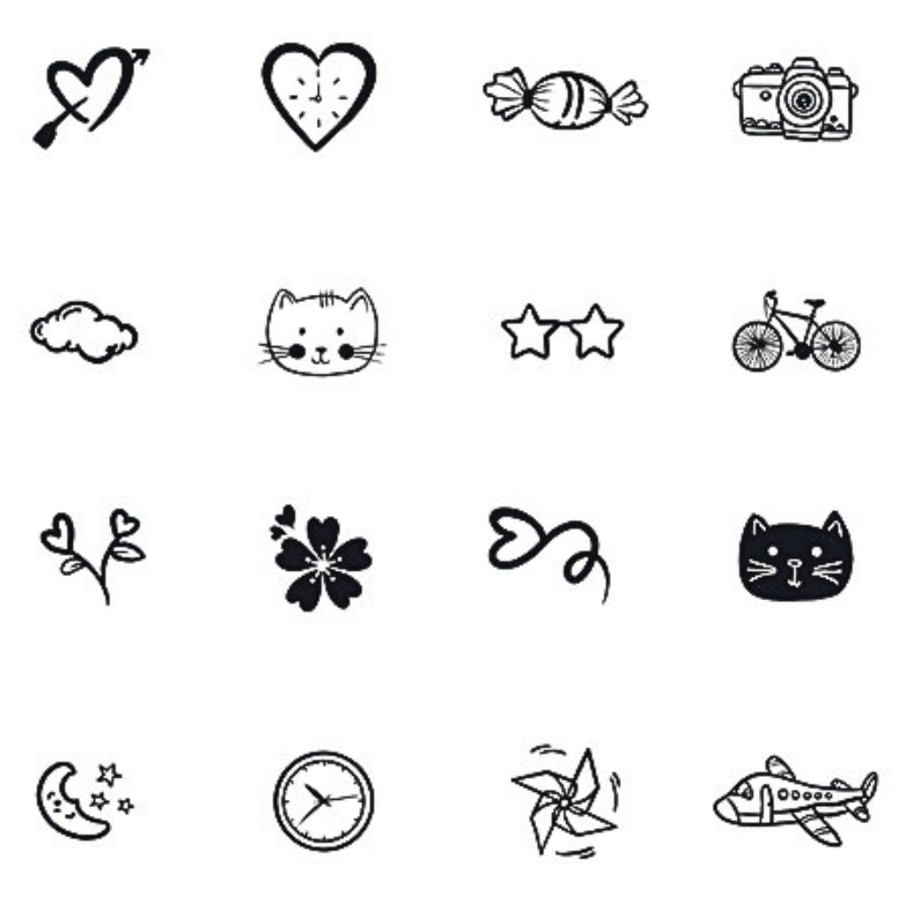 Sheet of 16 tiny linework temporary tattoo icons including cat, camera, stars, heart, moon and candy on white background.