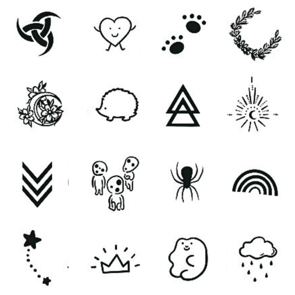 Sheet of 16 tiny cute temporary tattoos including crown, ghost, spider, heart, rainbow, paw print and more on white background.