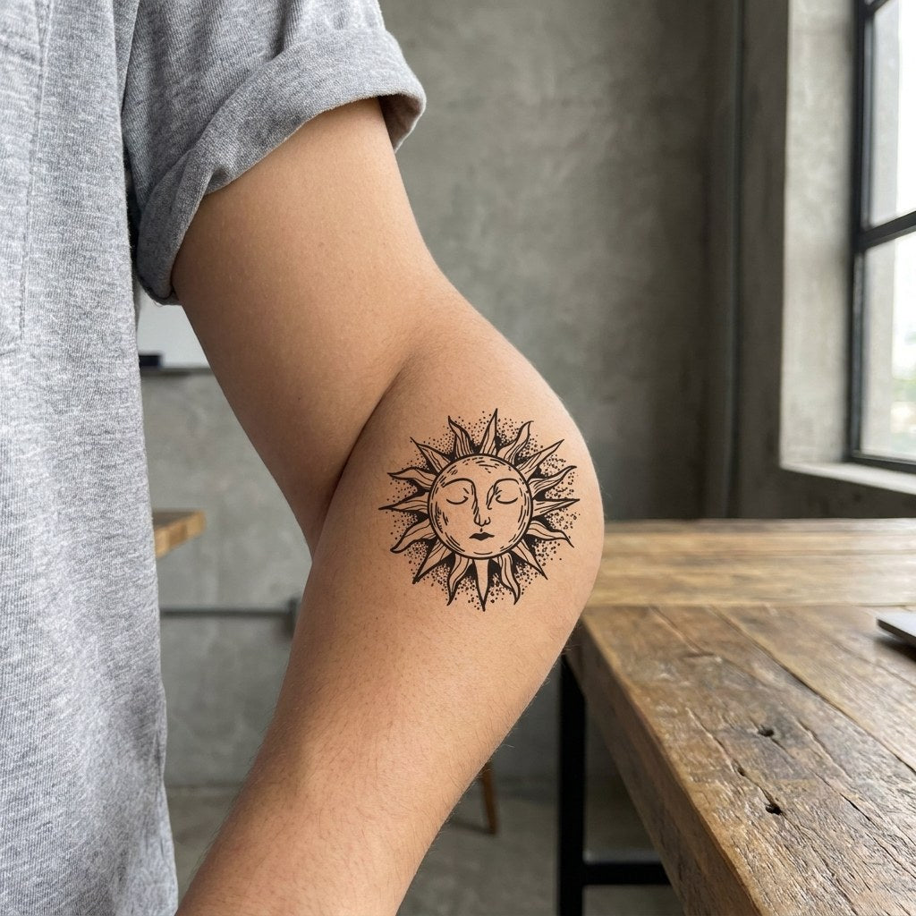 Illustrated sun and moon face temporary tattoo with dotwork shading, sleeping crescent moon with clouds and bold sun face on white background.
