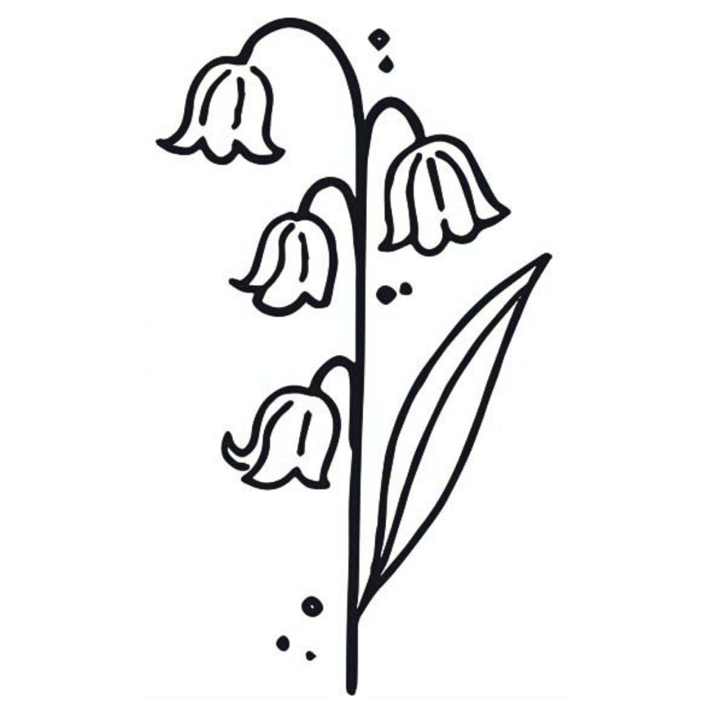 Lily of the valley linework temporary tattoo with three bell flowers on a single stem and leaf on white background.