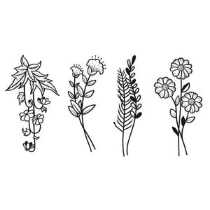 Set of four fineline botanical stem temporary tattoos — daisy branch, herb sprig, bellflower, and leafy vine — on white background.